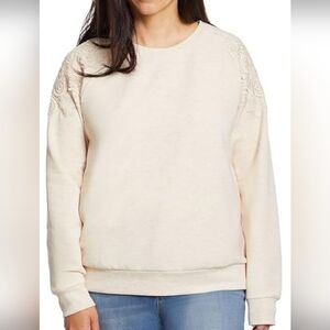 Gloria Vanderbilt Womens Sweatshirt Size L Oatmeal Beige Crochet Accent.